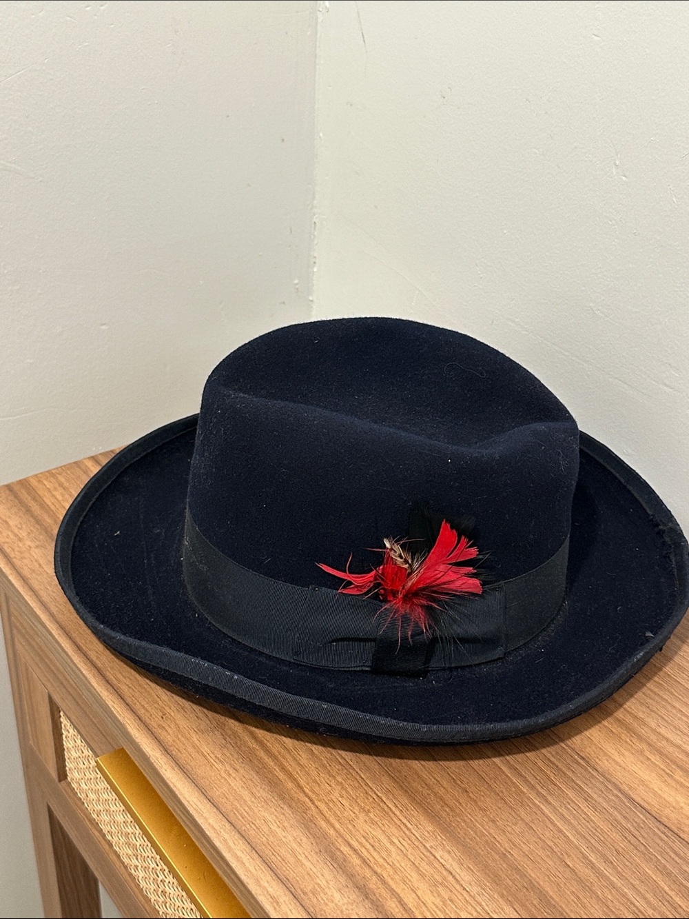 Godfather navy blue Felt Fedora with Red Feather Trim